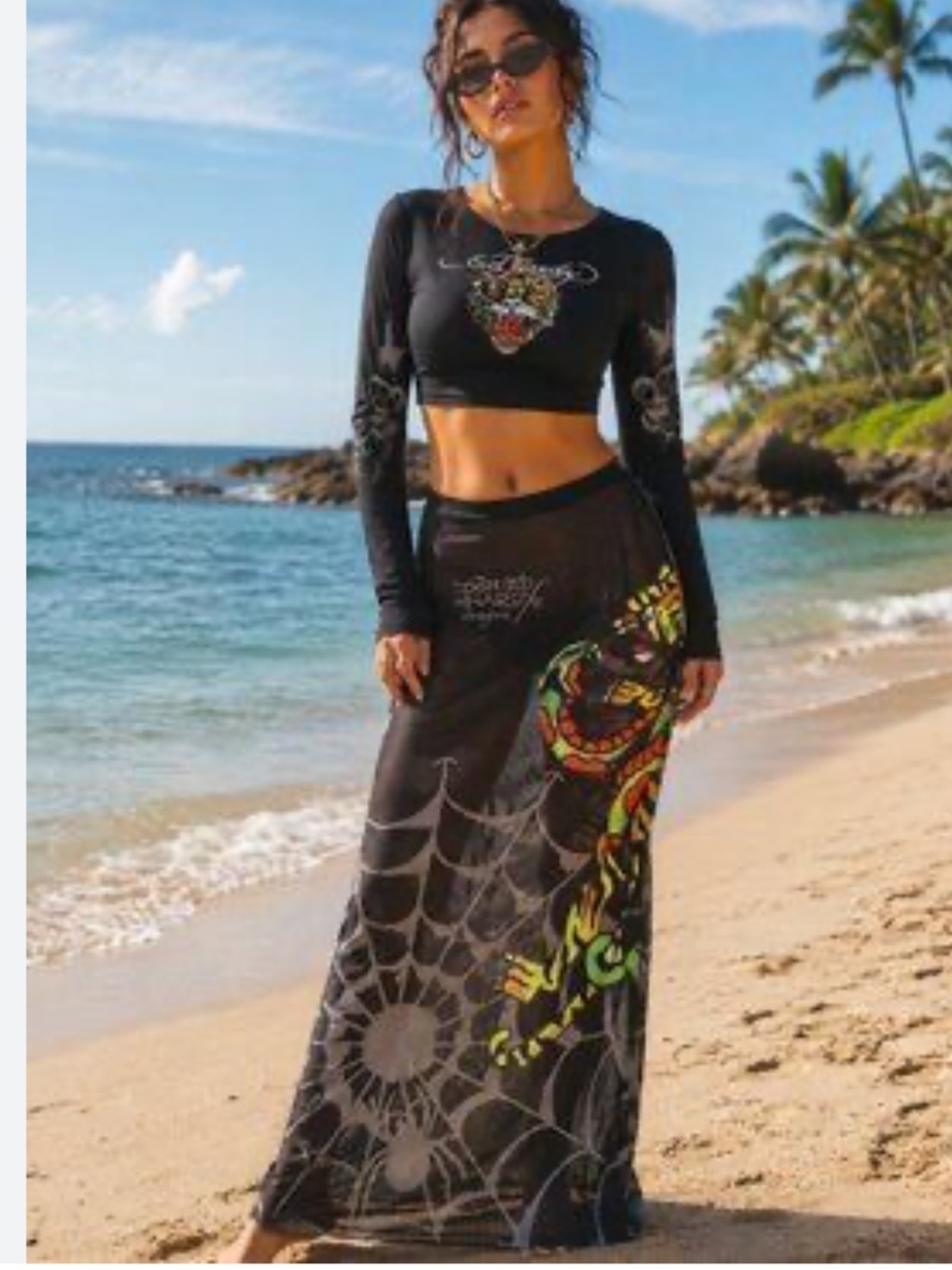 Ed Hardy Black Mesh Crop Top and Maxi Skirt with Multicolor Snake